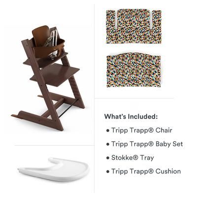Tripp Trapp High Chair and Cushion with Stokke Tray Bundle - Walnut Brown / Honeycomb Happy / White