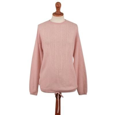 Pink Comfort,'Pink Blush Alpaca Pullover Patterned Sweater with Drawstring'