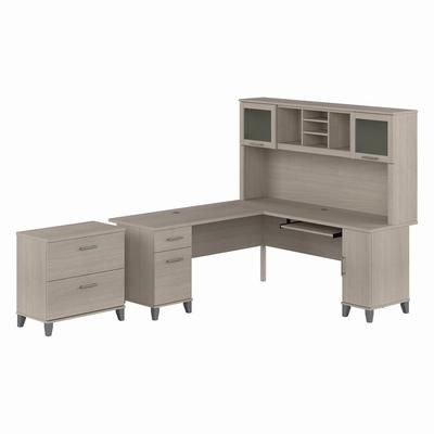 Bush Furniture Somerset 72W L Shaped Desk with Hutch and Lateral File Cabinet in Sand Oak - Bush Furniture SET009SO