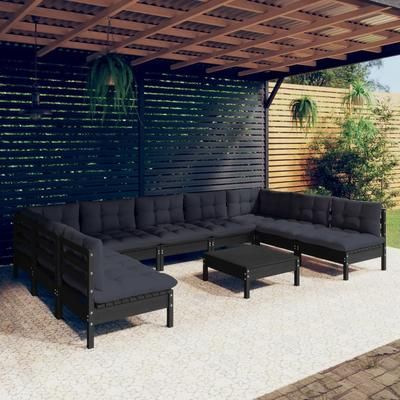 vidaXL Set Divani da Giardino 10 pz con Cuscini Neri in Legno di Pino