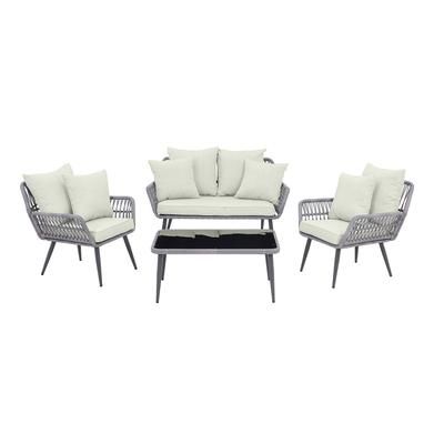 Portofino Rope Wicker 4-Piece Patio Conversation Set with Cushions in Cream - Manhattan Comfort OD-CV019-CR