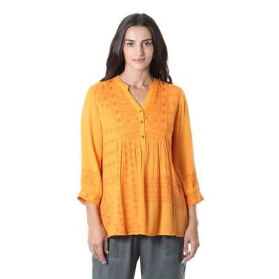 Enchanted Garden Marigold,'Embroidered Orange Viscose Button Front Tunic from India'