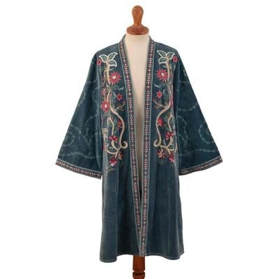 Kashmiri Garden,'Embroidered Long Blue Cotton Velvet Open Front Jacket'