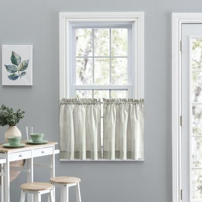 Wide Width Plaza Stripe Tailored Tier Curtain Pair by Plaza Stripe in Sage (Size 56" W 36" L)