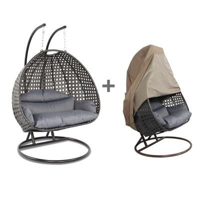 LeisureMod Wicker Hanging 2 person Egg Swing Chair With Outdoor Cover in Charcoal Blue - LeisureMod ESC57CBU-C