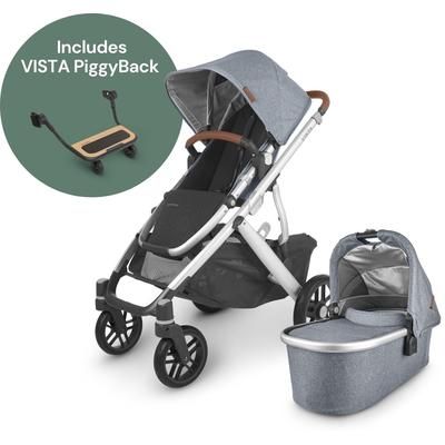 UPPAbaby Vista V2 Single-to-Double Stroller + PiggyBack Ride-Along Bundle - Gregory (Blue Melange/Si