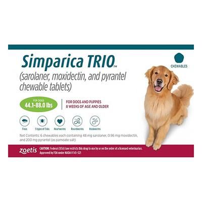 Simparica Trio For Dogs 44.1-88 Lbs (Green) 3 Doses