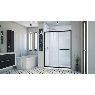 Dreamline DreamLine Infinity-Z 32 inch D x 54 inch W x 74 3/4 inch H Semi-Frameless Sliding Clear Shower Door in Matte Black with Center Drain White Shower Base Kit DL-6974C-09