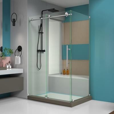Dreamline DreamLine Enigma-X 32 1/2 inch D x 48 3/8 inch W x 76 inch H Frameless Sliding Shower Enclosure in Brushed Stainless Steel and Clear Glass SHEN-6132481-07