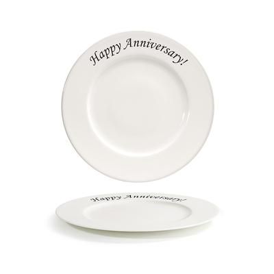 Front of the House CDP133BEP22 10 5/8" Round Catalyst Rim Plate - Happy Anniversary, Porcelain, Cream, White