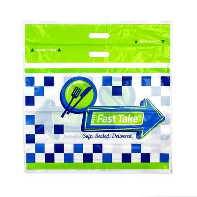 LK Packaging FT211810P Fast Take Tamper-Evident Carryout Bag w/ Handle - 18"W x 21"L, Printed, Adhesive Closure, Clear w/ Graphics