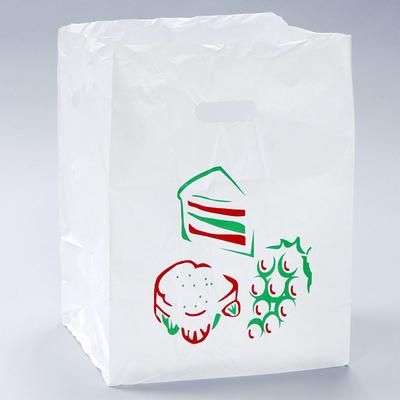 LK Packaging TO121016 Printed Poly Take-Out Bag w/ Handles - 16" x 12" x 10", White, Disposable, Die Cut Handles