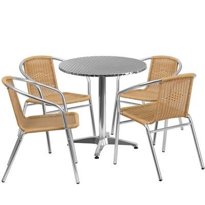 Flash Furniture TLH-ALUM-28RD-020BGECHR4-GG 27 1/2" Round Patio Table & 4 Beige Rattan Arm Chair Set - Stainless Steel Top, Aluminum Base