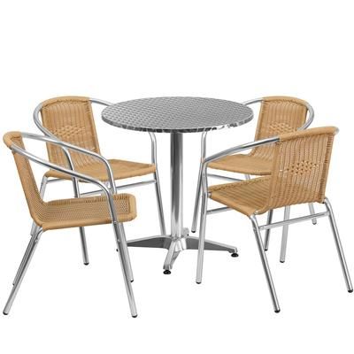 Flash Furniture TLH-ALUM-28RD-020BGECHR4-GG 27 1/2" Round Patio Table & 4 Beige Rattan Arm Chair Set - Stainless Steel Top, Aluminum Base