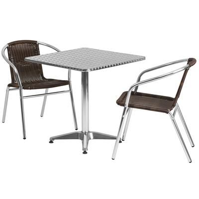 Flash Furniture TLH-ALUM-28SQ-020CHR2-GG 27 1/2" Square Patio Table & 2 Brown Rattan Arm Chair Set - Stainless Steel Top, Aluminum Base