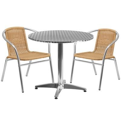 Flash Furniture TLH-ALUM-32RD-020BGECHR2-GG 31 1/2" Round Patio Table & 2 Beige Rattan Arm Chair Set - Stainless Steel Top, Aluminum Base