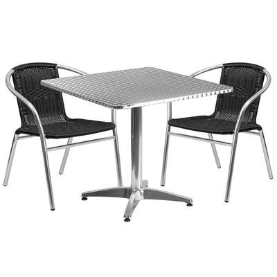 Flash Furniture TLH-ALUM-32SQ-020BKCHR2-GG 31 1/2" Square Patio Table & 2 Black Rattan Arm Chair Set - Stainless Top, Aluminum Base