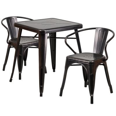 Flash Furniture CH-31330-2-70-BQ-GG 23 3/4" Square Table & 2 Arm Chair Set - Steel, Black & Antique Gold