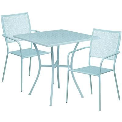 Flash Furniture CO-28SQ-02CHR2-SKY-GG 28" Square Patio Table & 2 Square Back Arm Chair Set - Steel, Sky Blue