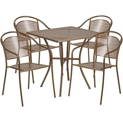 Flash Furniture CO-28SQ-03CHR4-GD-GG 28" Square Patio Table & 4 Round Back Arm Chair Set - Steel, Gold