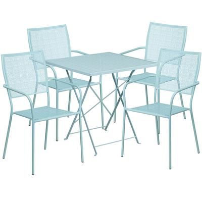 Flash Furniture CO-28SQF-02CHR4-SKY-GG 28" Square Folding Patio Table & 4 Square Back Arm Chair Set - Steel, Sky Blue