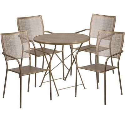 Flash Furniture CO-30RDF-02CHR4-GD-GG 30" Round Folding Patio Table & 4 Square Back Arm Chair Set - Steel, Gold
