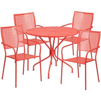 Flash Furniture CO-35RD-02CHR4-RED-GG 35 1/4" Round Patio Table & 4 Square Back Arm Chair Set - Steel, Coral