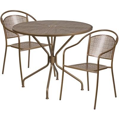 Flash Furniture CO-35RD-03CHR2-GD-GG 35 1/4" Round Patio Table & 2 Round Back Arm Chair Set - Steel, Gold