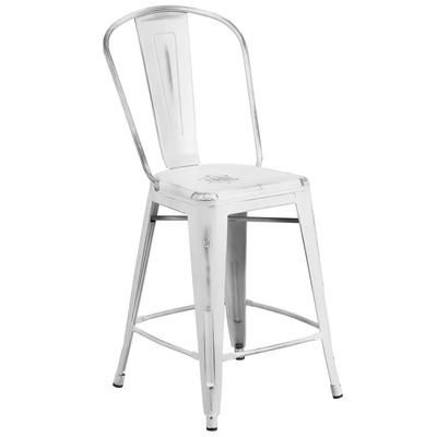 Flash Furniture ET-3534-24-WH-GG Counter Height Commercial Bar Stool w/ Curved Back & Metal Seat, Distressed White