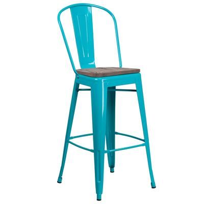 Flash Furniture ET-3534-30-CB-WD-GG Commercial Bar Stool w/ Curved Back & Wood Seat, Crystal Teal Blue