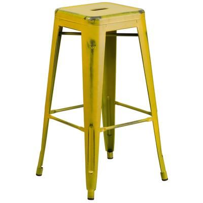 Flash Furniture ET-BT3503-30-YL-GG Backless Commercial Bar Stool w/ Metal Seat, Distressed Yellow, Square Seat