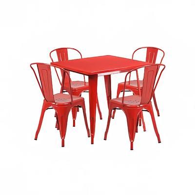 Flash Furniture ET-CT002-4-30-RED-GG 31 1/2" Square Table & 4 Chair Set - Steel, Red, Red Galvanized Steel, Indoor/Outdoor