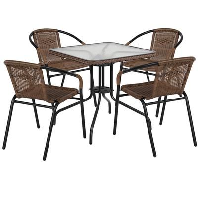 Flash Furniture TLH-073SQ-037BN4-GG 28" Square Patio Table & 4 Brown Rattan Arm Chair Set - Glass Top, Black Metal Base