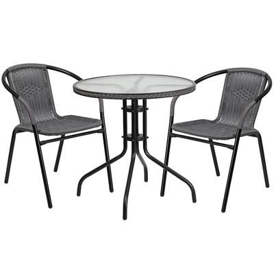 Flash Furniture TLH-087RD-037GY2-GG 28" Round Patio Table & 2 Gray Rattan Arm Chair Set - Glass Top, Black Metal Base