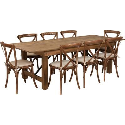 Flash Furniture XA-FARM-12-GG Rectangular Folding Farm Table & 8 Chair Set - 96"W x 40"D x 30"H, Plank Top, Pine Base