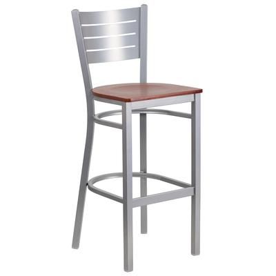 Flash Furniture XU-DG-60402-BAR-CHYW-GG Commercial Bar Stool w/ Metal Slat Back & Cherry Wood Seat, Silver