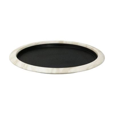 Service Ideas TR1412RIWM 14" Round Non Slip Serving Tray - Stainless Steel, White Marble