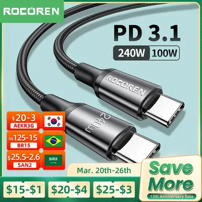 Rocoren 100W USB C à Type C Câble USB PD 3.1 240W Charge Rapide Chargeur rette USB-C 5A VopeC Câble Pour iPhone 15 14 13 12 Pro Max, Macbook Samsung Xiaomi OPPO Honor Oneplus