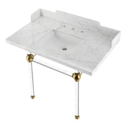 "Kingston Brass LMS3630MASQ7 Pemberton 36" Carrara Marble Console Sink with Acrylic Legs, Marble White/Brushed Brass - Kingston Brass LMS3630MASQ7"