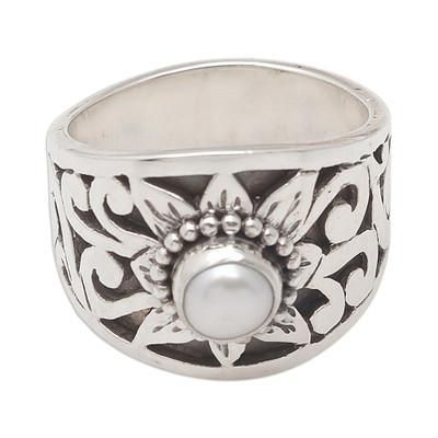 Dame of the Garden,'Floral Cultured Pearl Single Stone Ring Crafted in Java'