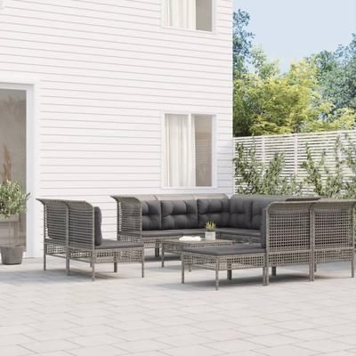 vidaXL Set Divani da Giardino 10 pz con Cuscini in Polyrattan Grigio