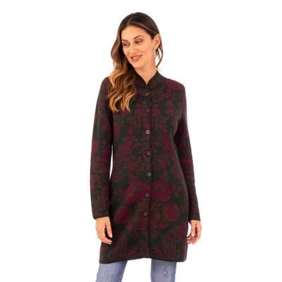 Evergreen Garden,'100% Baby Alpaca Floral Long Cardigan with Mandarin Collar'