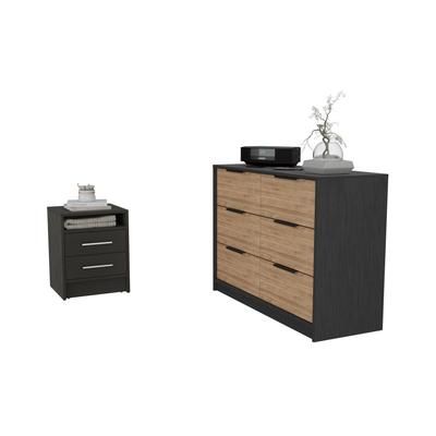 Benson 2 Piece Bedroom Set, Nightstand + Drawer Dresser, Black / Light Oak - FM Furniture CBED103