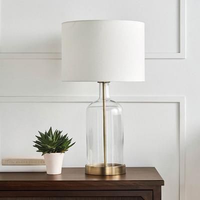Briggs USB Table Lamp - White, Brass Base with Drum Shade in White - Frontgate
