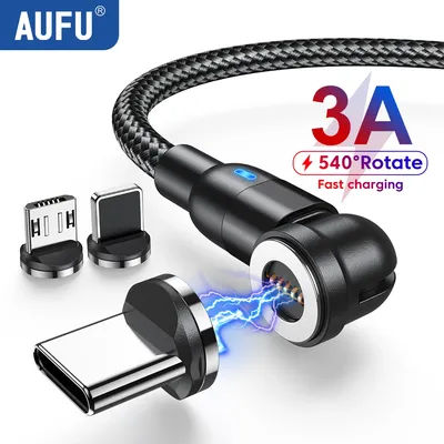 AUFU 540 Rotate Magnetic USB Type C Cable for Realme Samsung Huawei 3A Fast Charging Micro USB