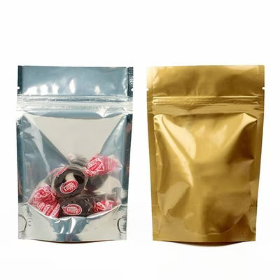 XL Food Safe Zipper Pouch Gusset Bags Gold & Silver with Clear - Holds 1 Pound. Size: 8 1/4" x 3 1/2" x 11 1/2" 100 Bags Pouches