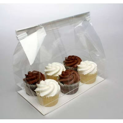 Half Dozen Mini Cupcake Clear Paper Bottom Gusset Bag & Clear Mini Cupcake Tray Insert Set 7" x 4" x 9" 100 Sets Crystal Clear Bags