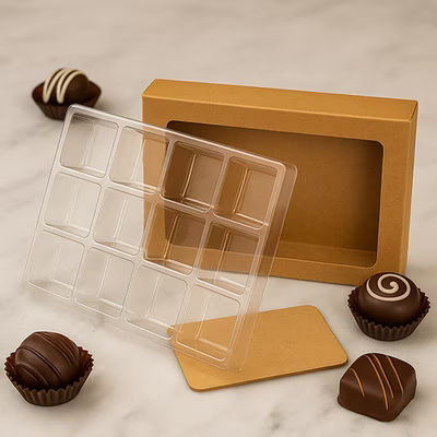 Dozen Size Chocolate Box with Clear Plastic Tray Inserts for 12 Individual Chocolates Box Size: 4" x 13/16" x 5 7/16" 25 Pieces