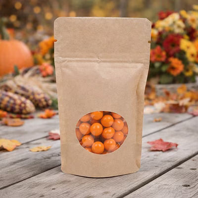 XS Kraft Stand Up Resealable Zipper Pouch Baggies with Oval Window - Holds 1 Ounce Size: 3 1/8" x 2" x 5 1/8" 100 Bags Pouches