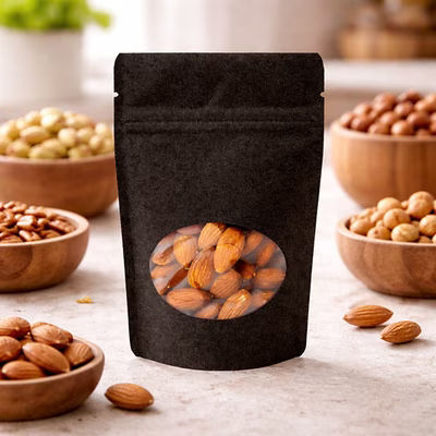 Small Black Kraft Stand Up Resealable Zipper Pouch Bags with Oval Window - Holds 2 oz. Size: 4" x 2 3/8" x 6" 100 Bags Pouches